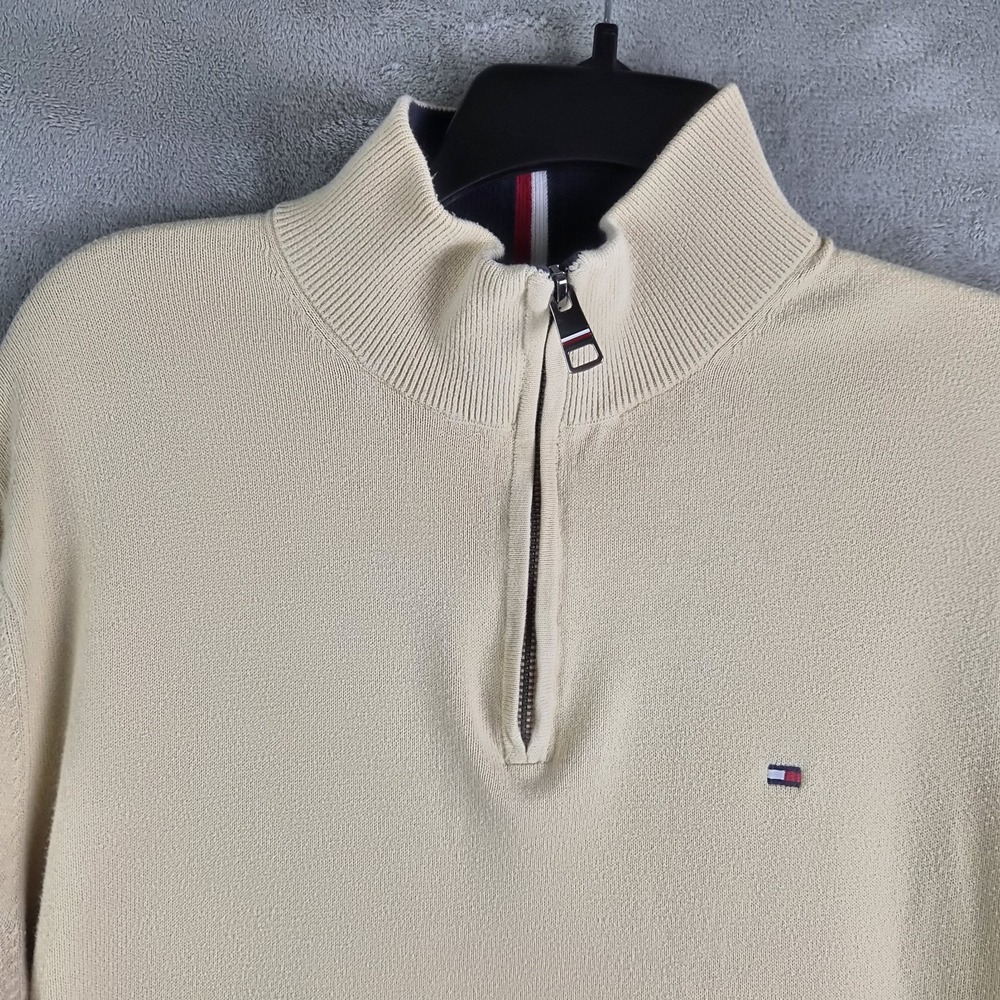 Tommy Hilfiger Sweater Mens Large Beige Knit 1/4 Zip Mock Neck Logo Pullover - Picture 5 of 11